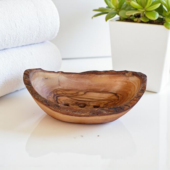 Hovedbilde Håndlaget Såpefat m/Dreneringsspor - Oliventre (15 cm)