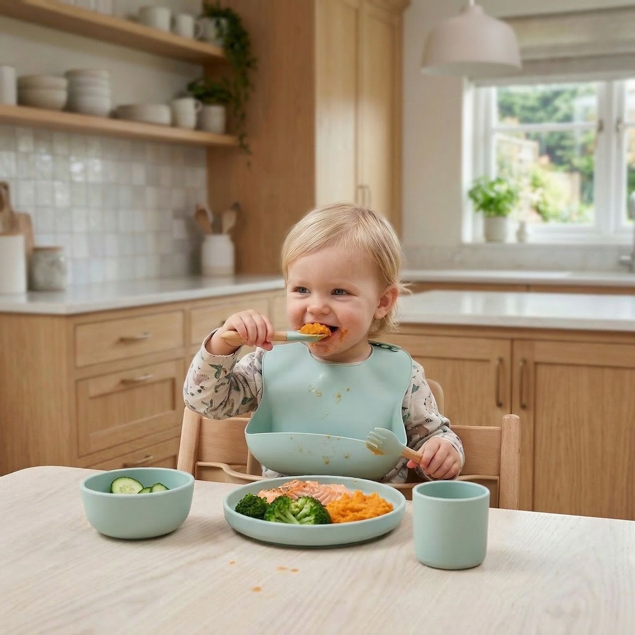 Spisesmekke, skål, tallerken, kopp og skje i matsikker silikon til barn.