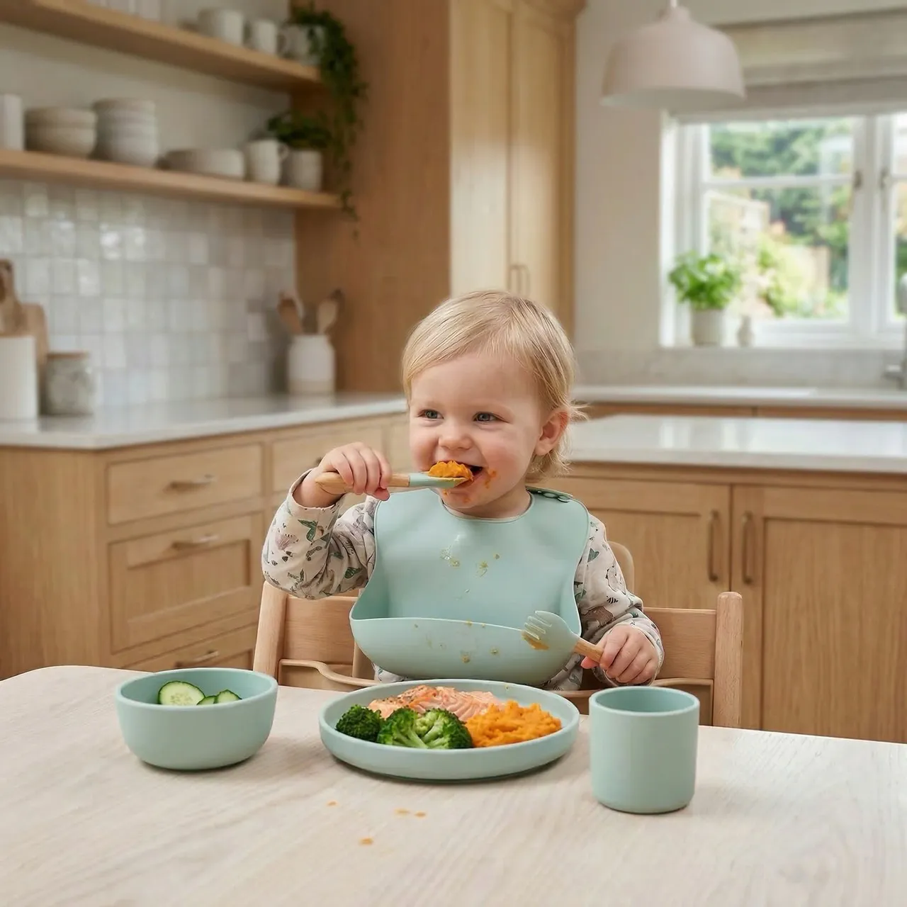 Spisesmekke, skål, tallerken, kopp og skje i matsikker silikon til barn.